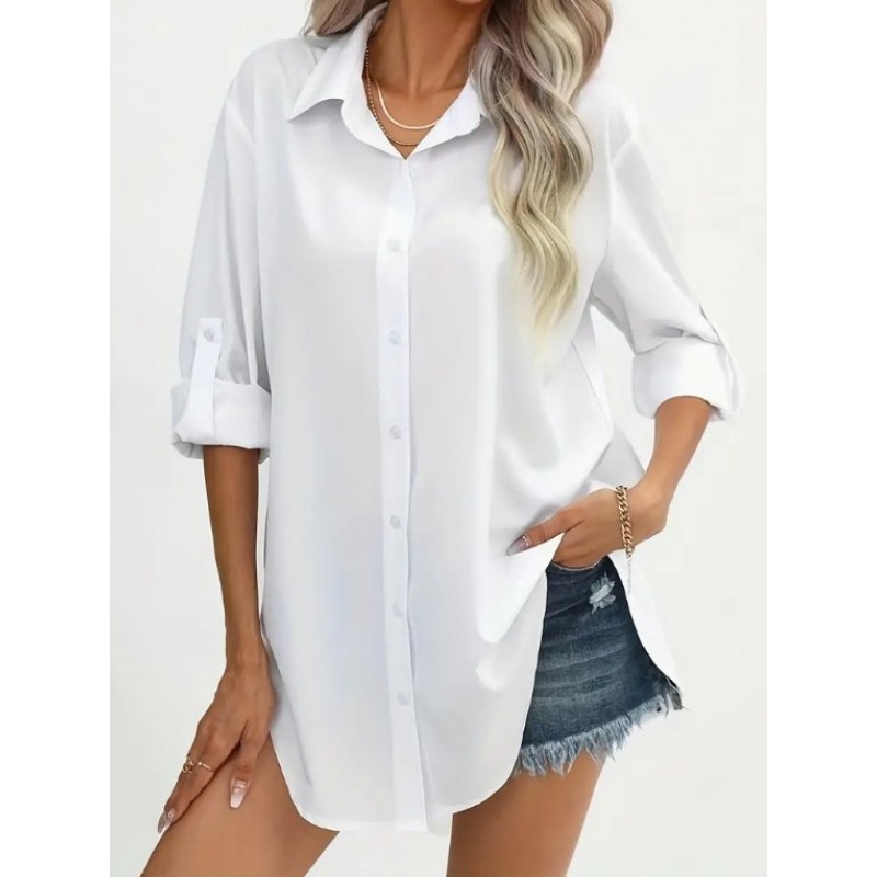 Women Simple Solid Color Slim-Fit Casual Shirt