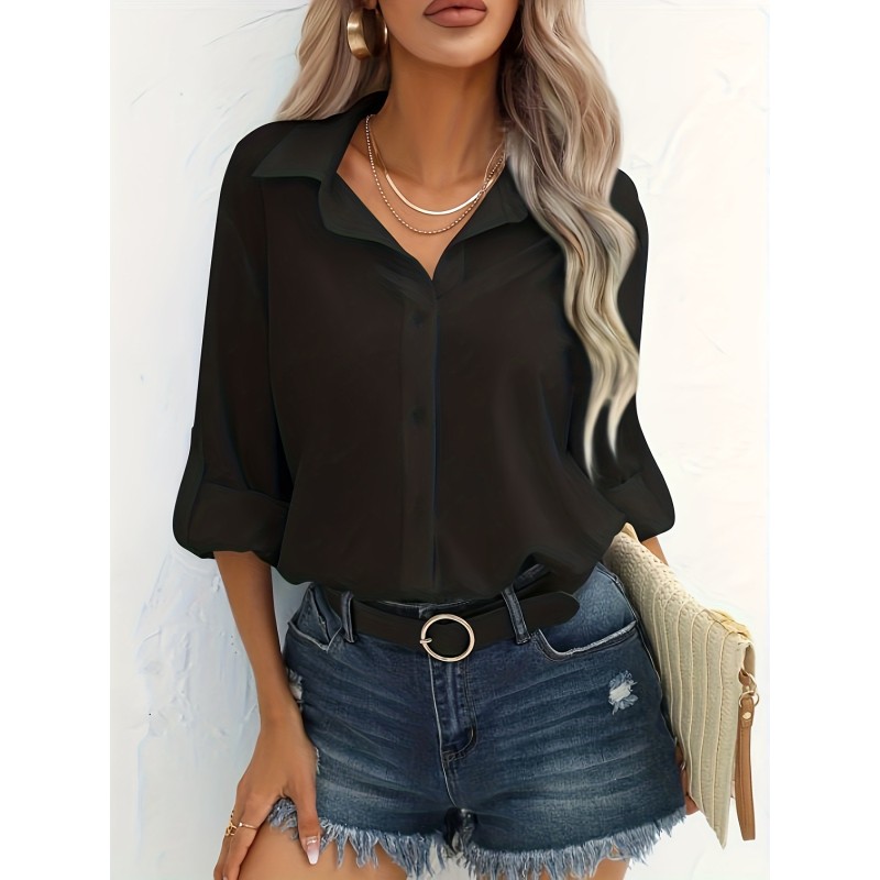 Women Simple Solid Color Slim-Fit Casual Shirt