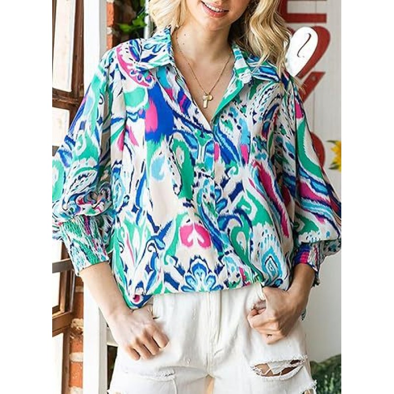 Women Fashion Geometric Print Lapel Lantern Sleeve Shirt