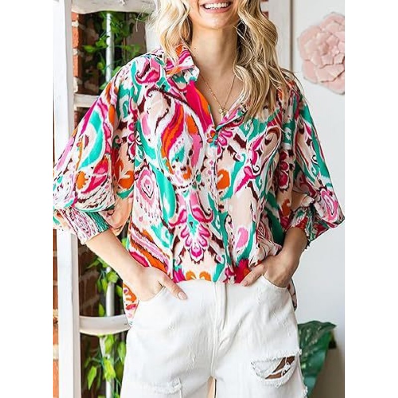 Women Fashion Geometric Print Lapel Lantern Sleeve Shirt