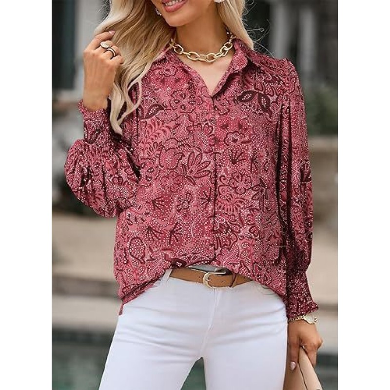 Women Fashion Geometric Print Lapel Lantern Sleeve Shirt