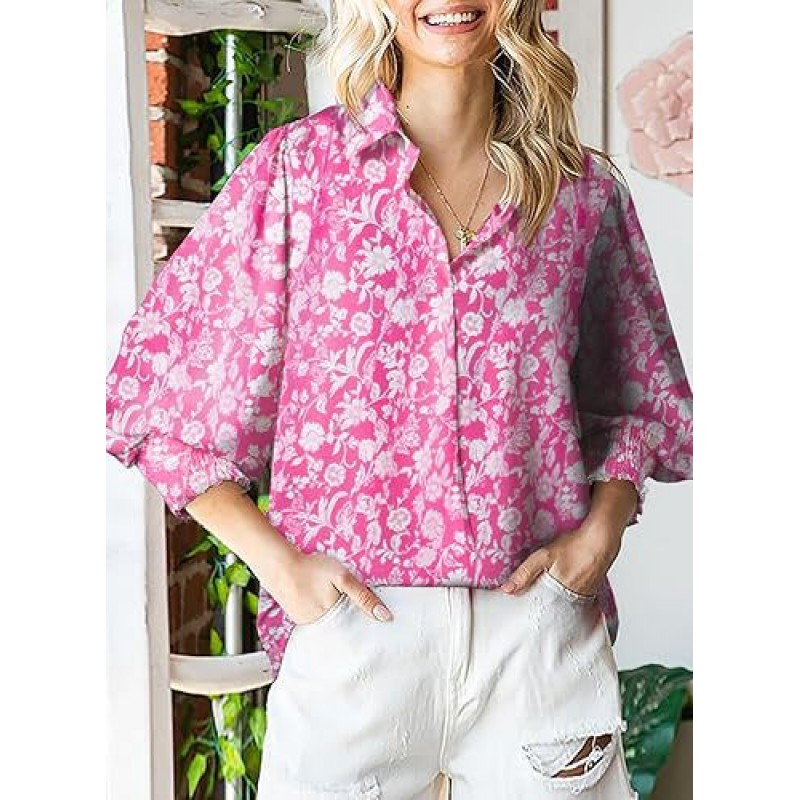 Women Fashion Geometric Print Lapel Lantern Sleeve Shirt