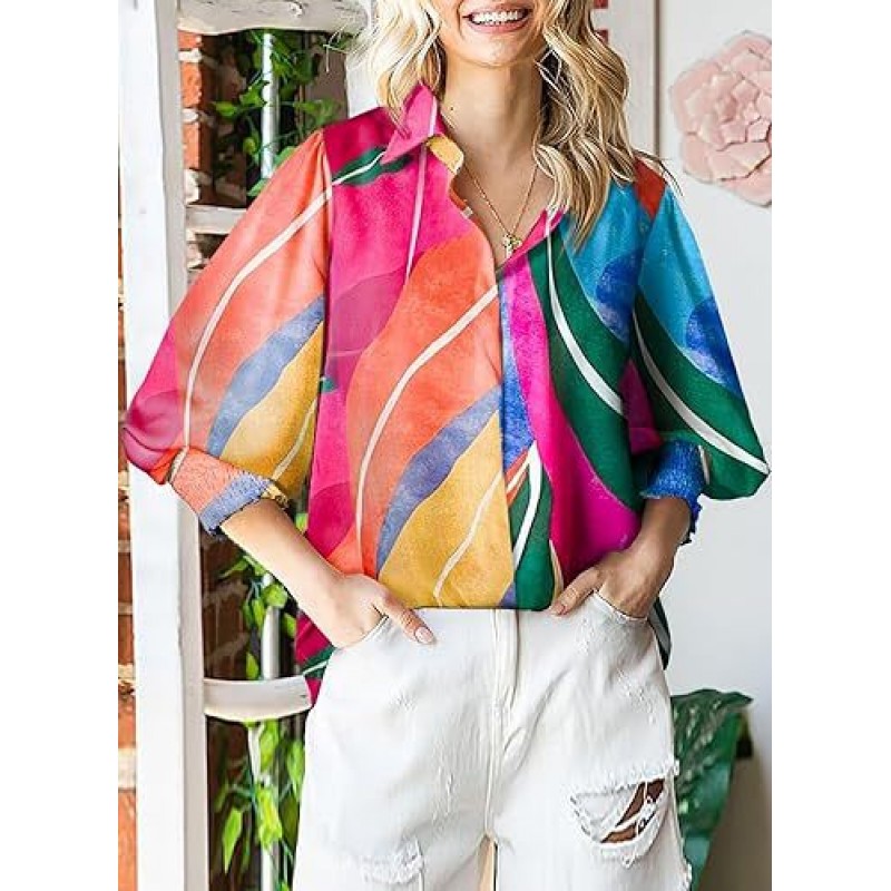 Women Fashion Geometric Print Lapel Lantern Sleeve Shirt