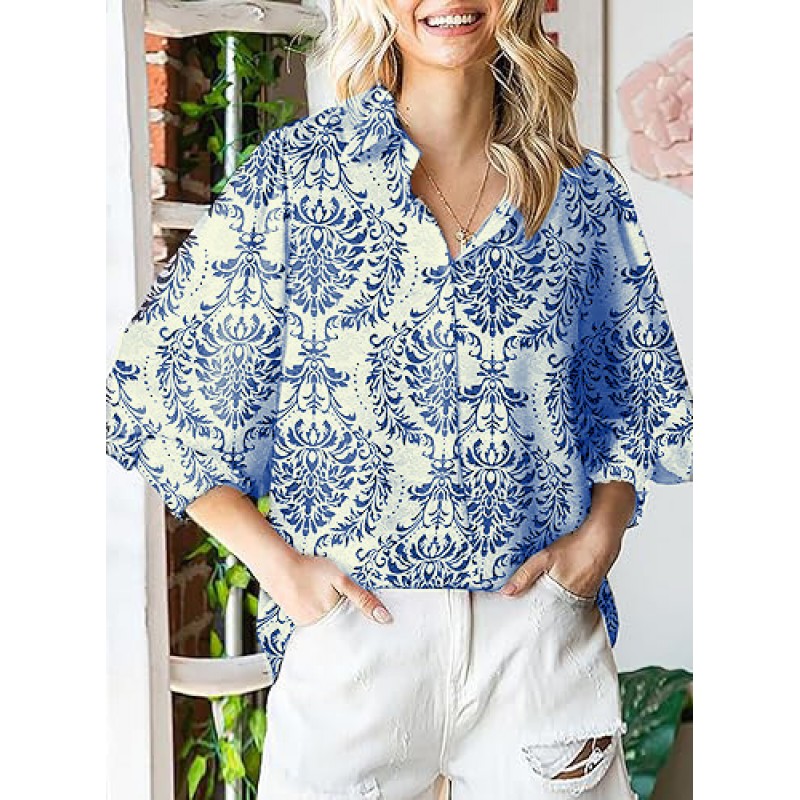 Women Fashion Geometric Print Lapel Lantern Sleeve Shirt