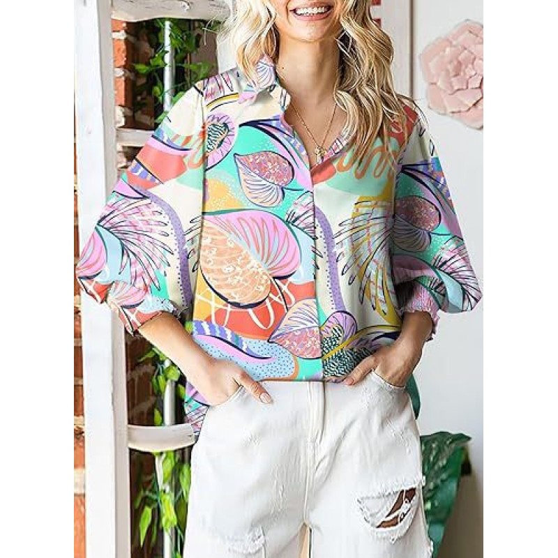 Women Fashion Geometric Print Lapel Lantern Sleeve Shirt