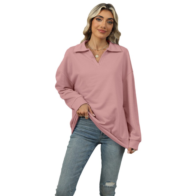 Women Fashion Casual Solid Color V-Neck Long Sleeve Sweatshirt