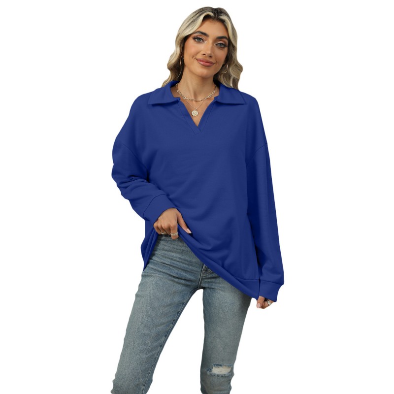 Women Fashion Casual Solid Color V-Neck Long Sleeve Sweatshirt