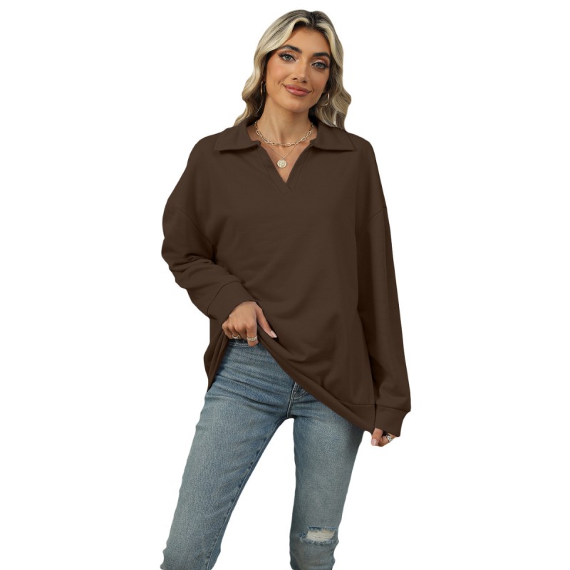 Women Fashion Casual Solid Color V-Neck Long Sleeve Sweatshirt