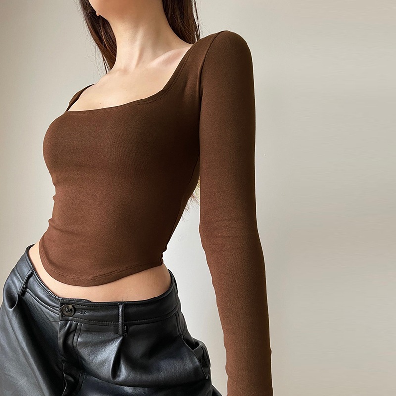 Women Fashion Sexy Solid Color Square Collar Long Sleeve Crop Top