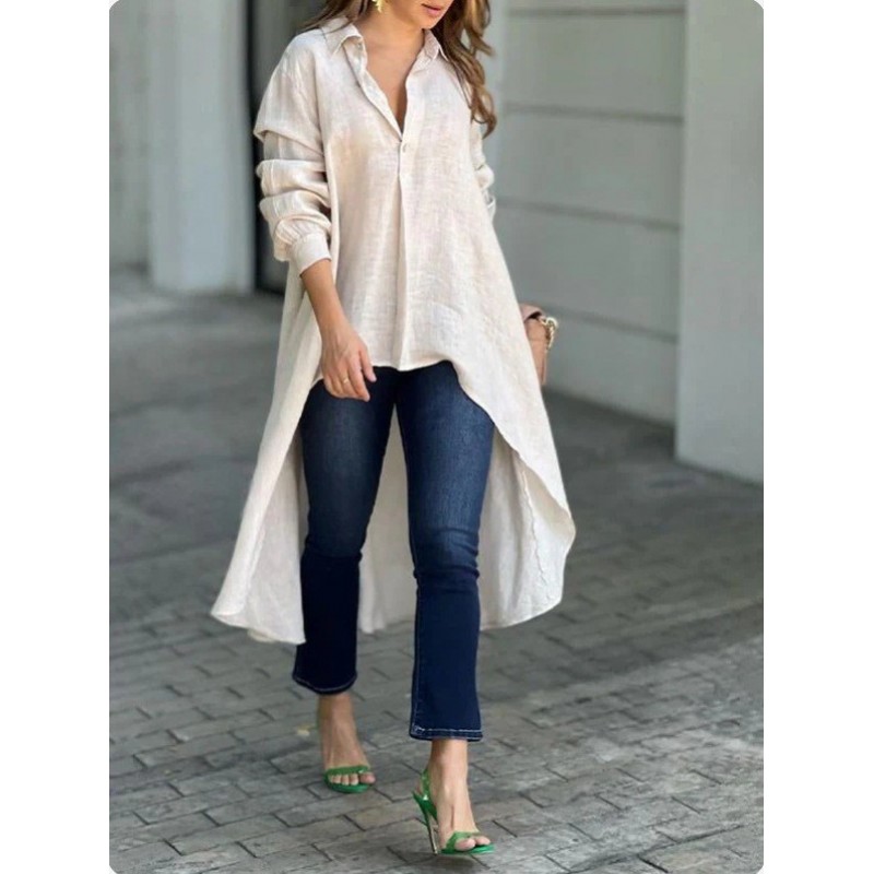 Summer Women Fashion Casual Solid Color Loose Lapel Shirt