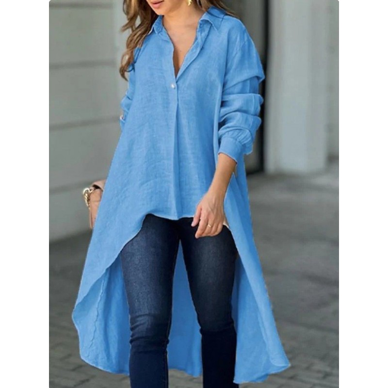 Summer Women Fashion Casual Solid Color Loose Lapel Shirt