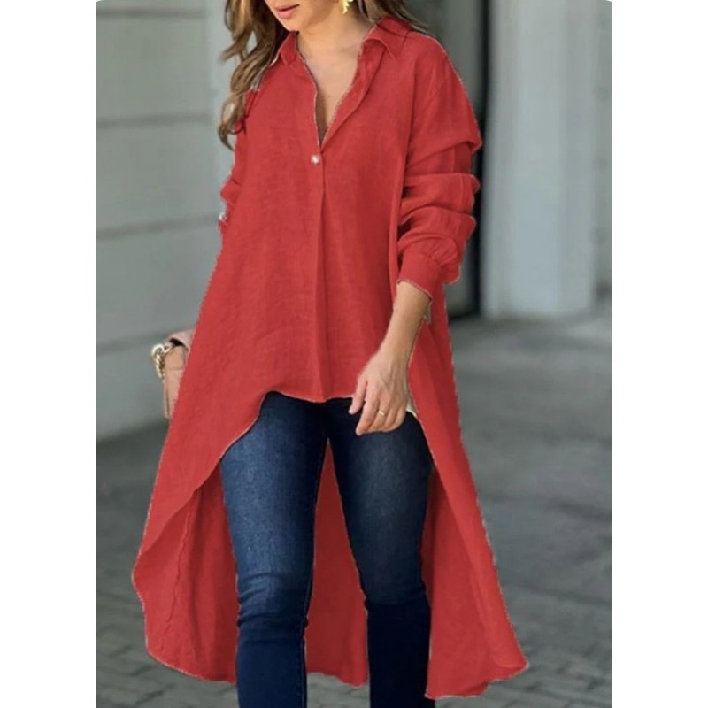 Summer Women Fashion Casual Solid Color Loose Lapel Shirt