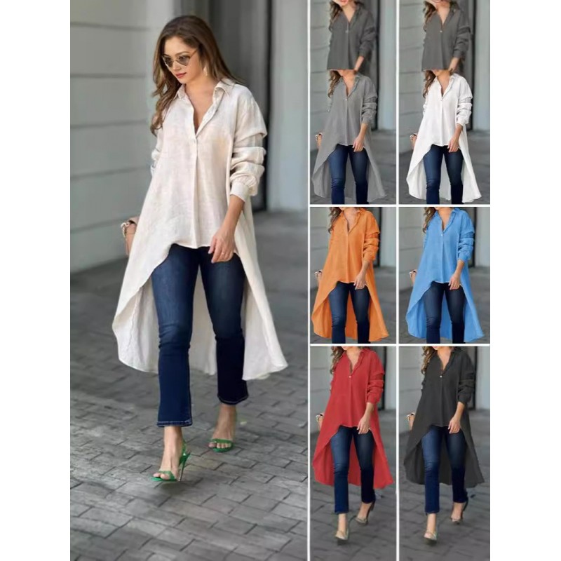 Summer Women Fashion Casual Solid Color Loose Lapel Shirt