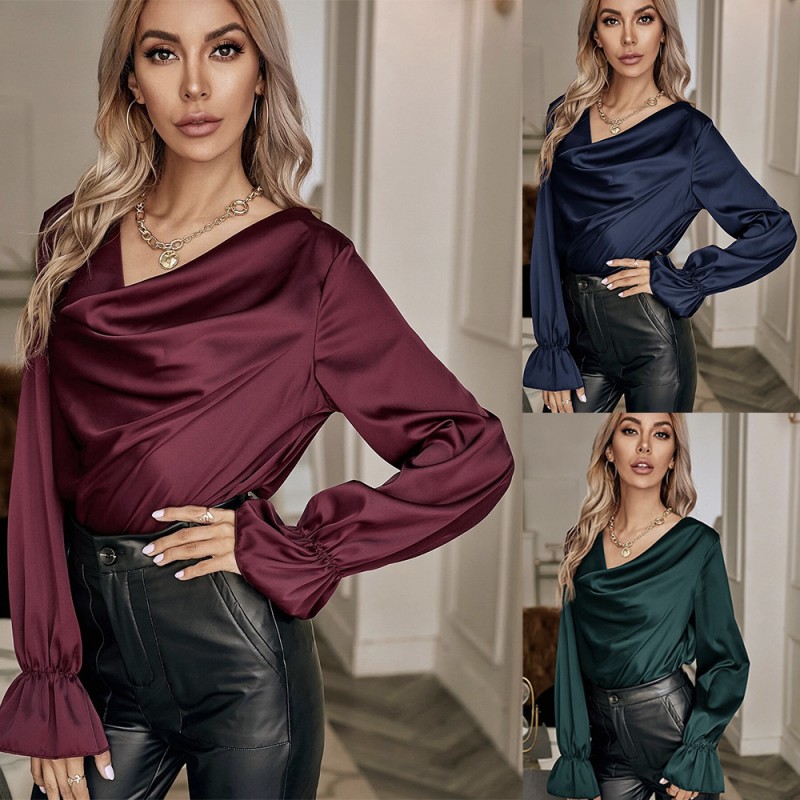 Women Elegant Solid Color Long Sleeve Blouses