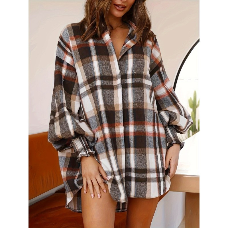 Women Fashion Casual Plaid Print Long Sleeve Shirt Top