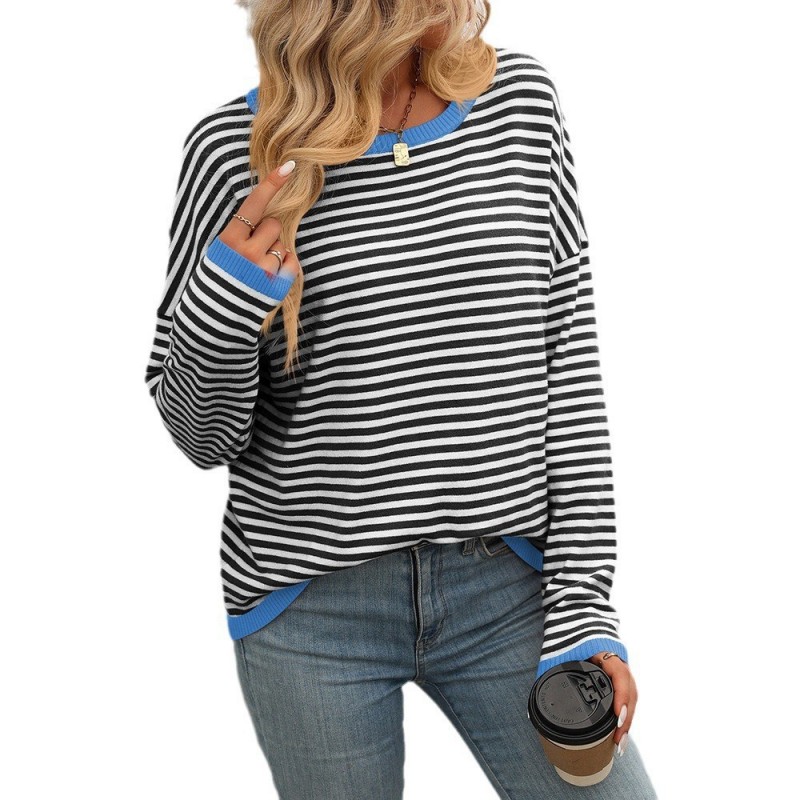 Fall Winter Women Crew Neck Stripe Contrast Long Sleeve Casual Knitted Sweater