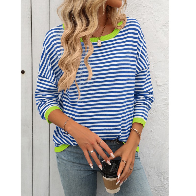 Fall Winter Women Crew Neck Stripe Contrast Long Sleeve Casual Knitted Sweater