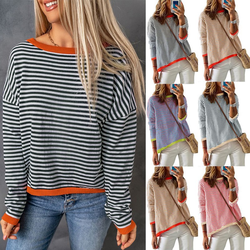 Fall Winter Women Crew Neck Stripe Contrast Long S...