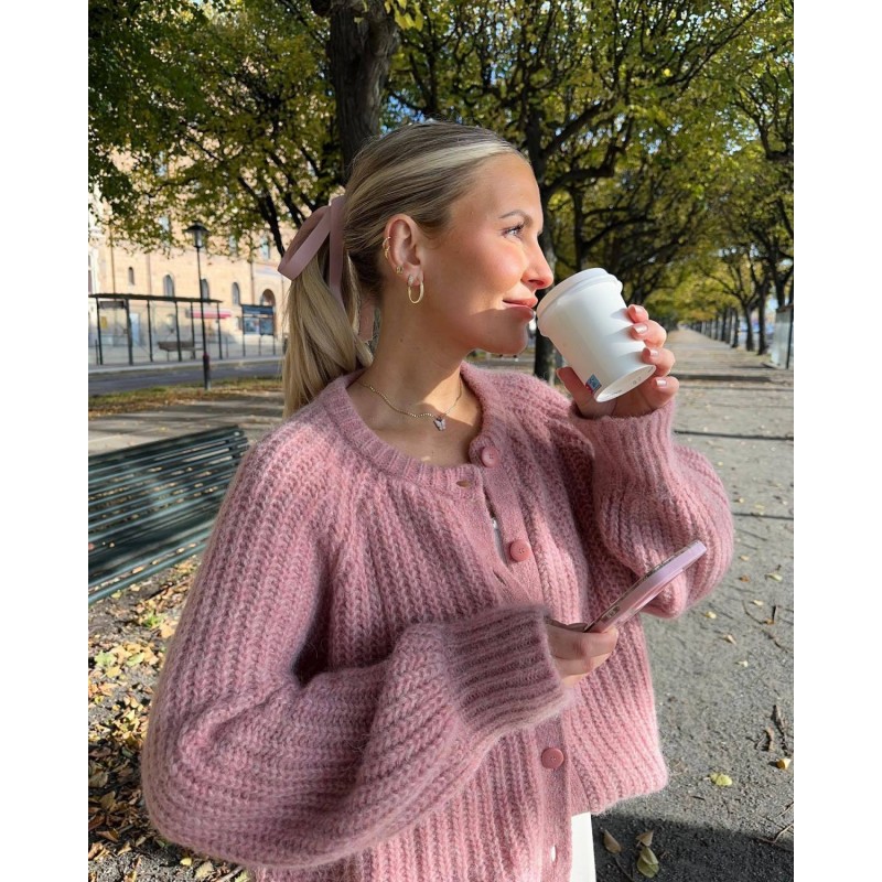 Women Winter Autumn Sweet Pink Loose Cozy Solid Color Long-Sleeved Cardigan Knitted Sweater