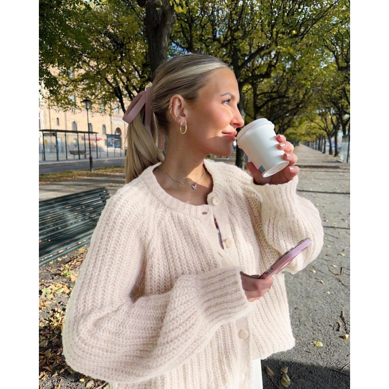 Women Winter Autumn Sweet Pink Loose Cozy Solid Color Long-Sleeved Cardigan Knitted Sweater