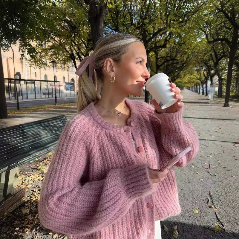 Women Winter Autumn Sweet Pink Loose Cozy Solid Color Long-Sleeved Cardigan Knitted Sweater