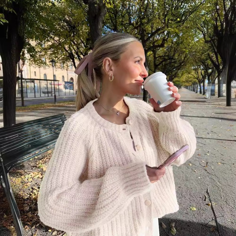 Women Winter Autumn Sweet Pink Loose Cozy Solid Color Long-Sleeved Cardigan Knitted Sweater