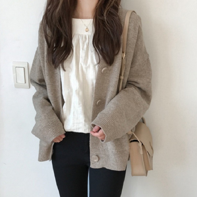 Autumn Winter Women Casual Solid Color Long Sleeve Loose Knitted Jacket