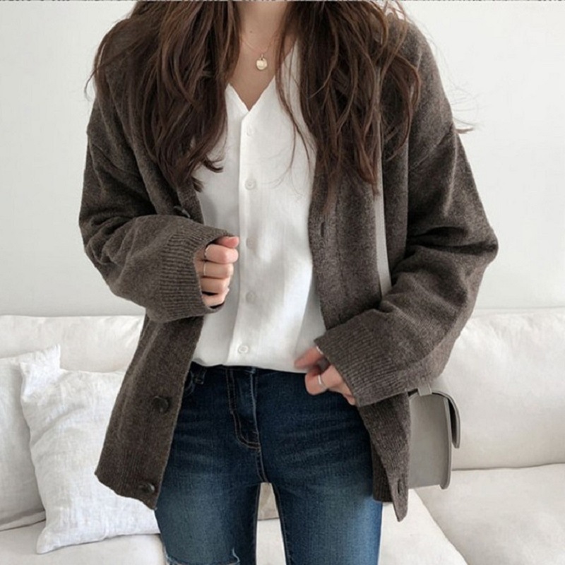 Autumn Winter Women Casual Solid Color Long Sleeve Loose Knitted Jacket