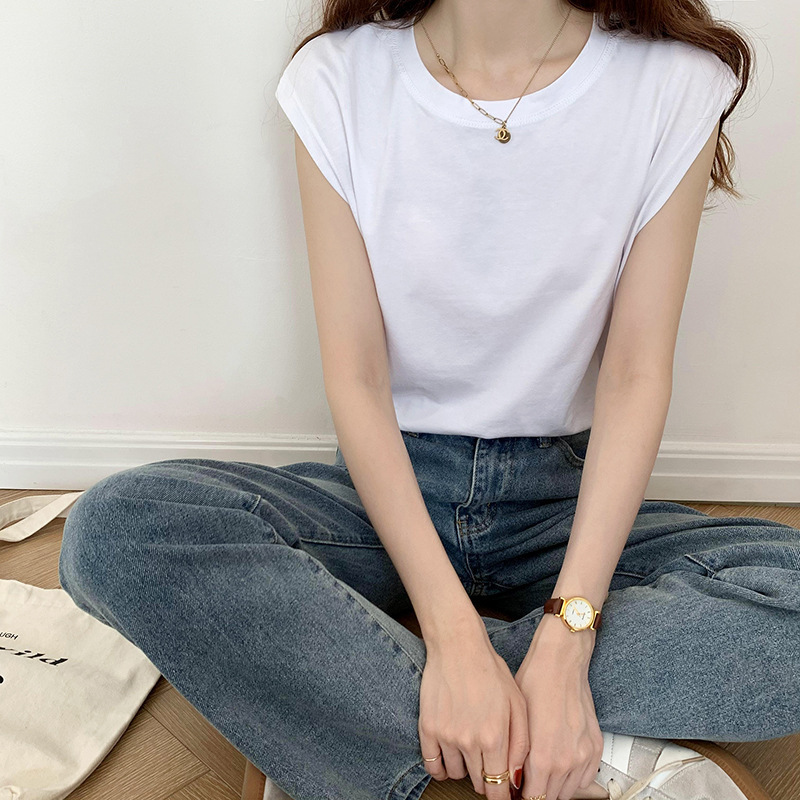 Summer Women Simple Solid Color Round Neck Blank T-Shirt