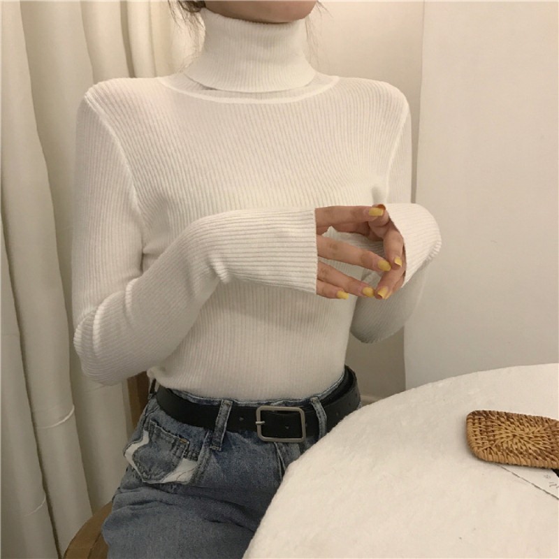 Autumn Winter Women Casual Solid Color Turtleneck Long Sleeve Knitted Sweater