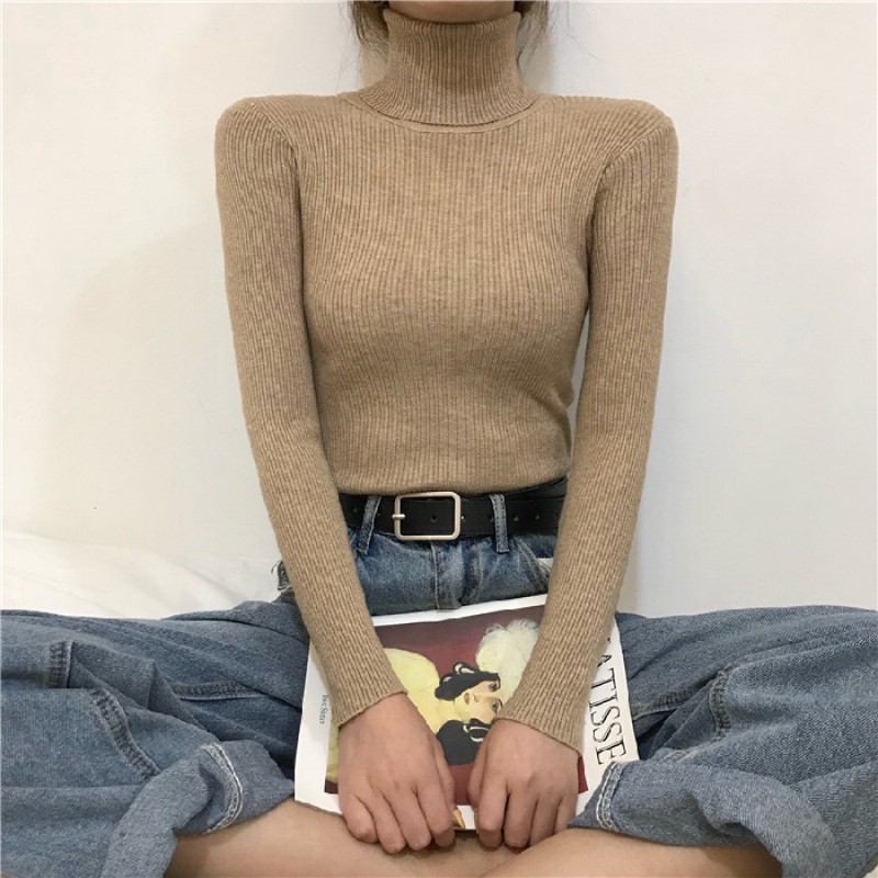 Autumn Winter Women Casual Solid Color Turtleneck Long Sleeve Knitted Sweater