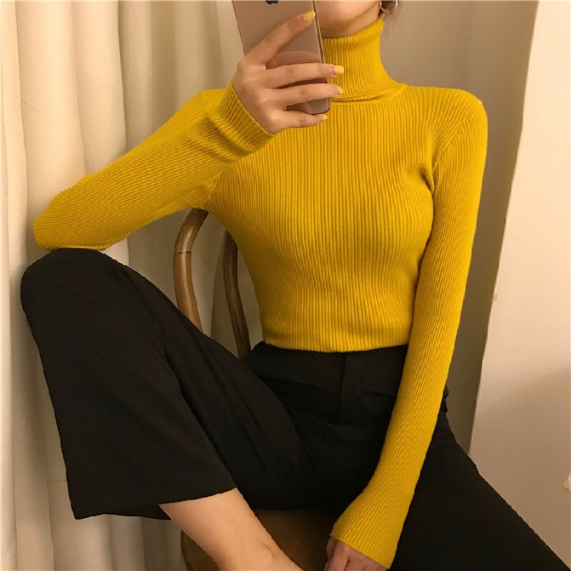 Autumn Winter Women Casual Solid Color Turtleneck Long Sleeve Knitted Sweater