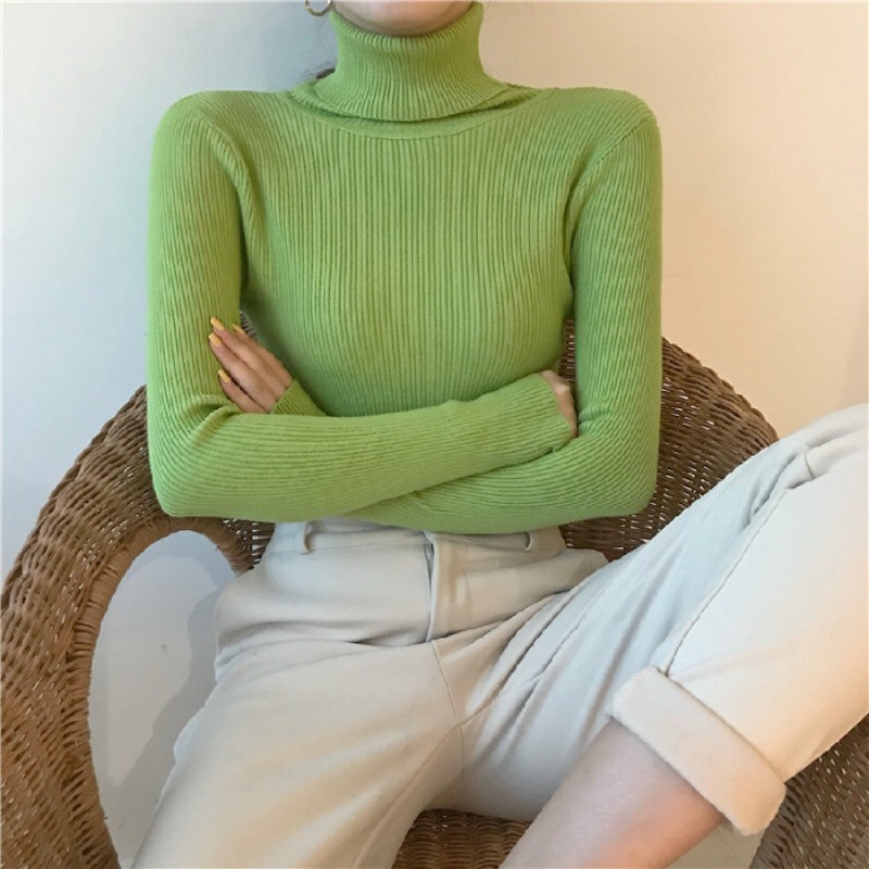 Autumn Winter Women Casual Solid Color Turtleneck Long Sleeve Knitted Sweater