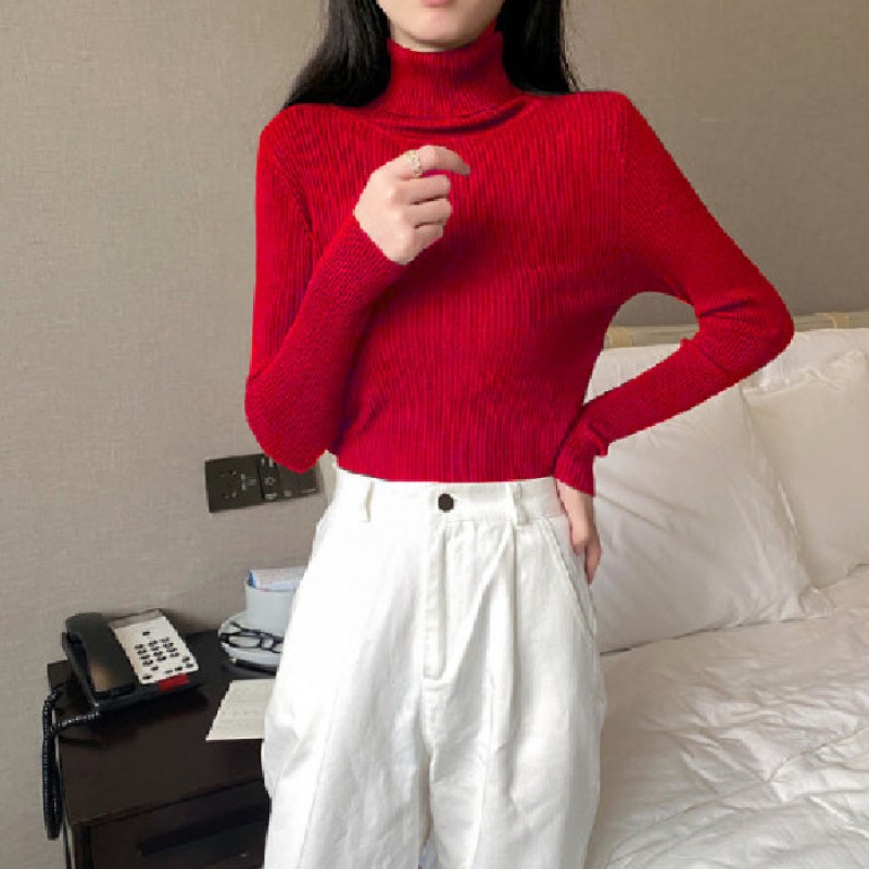 Autumn Winter Women Casual Solid Color Turtleneck Long Sleeve Knitted Sweater