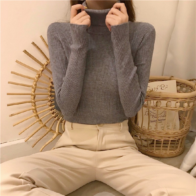 Autumn Winter Women Casual Solid Color Turtleneck Long Sleeve Knitted Sweater