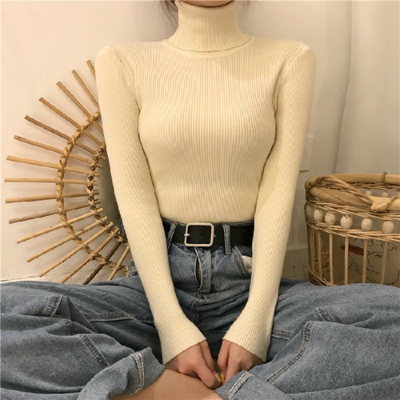 Autumn Winter Women Casual Solid Color Turtleneck Long Sleeve Knitted Sweater