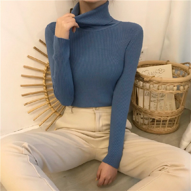 Autumn Winter Women Casual Solid Color Turtleneck Long Sleeve Knitted Sweater