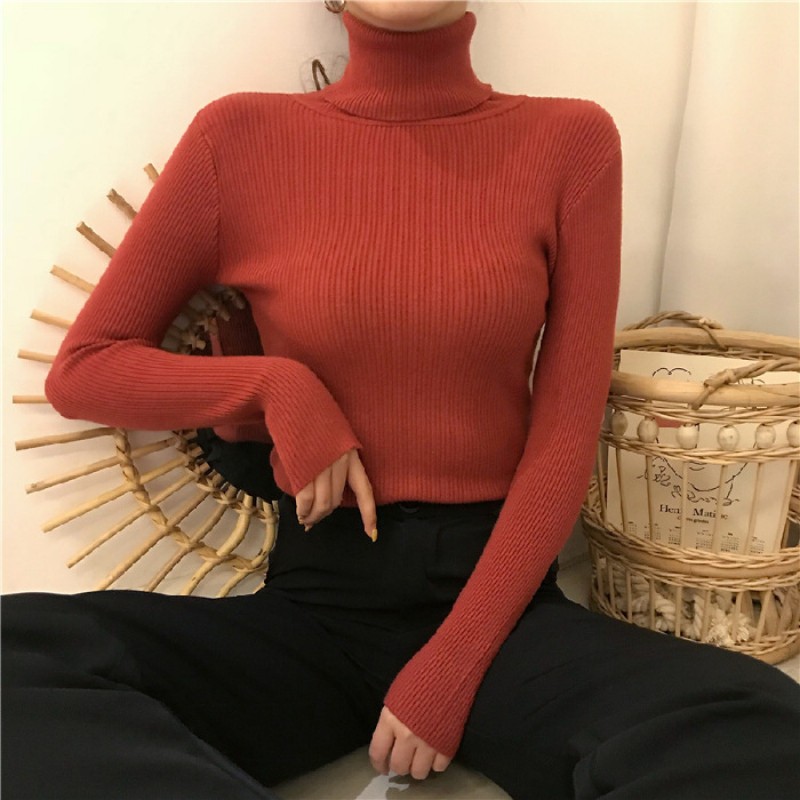 Autumn Winter Women Casual Solid Color Turtleneck Long Sleeve Knitted Sweater