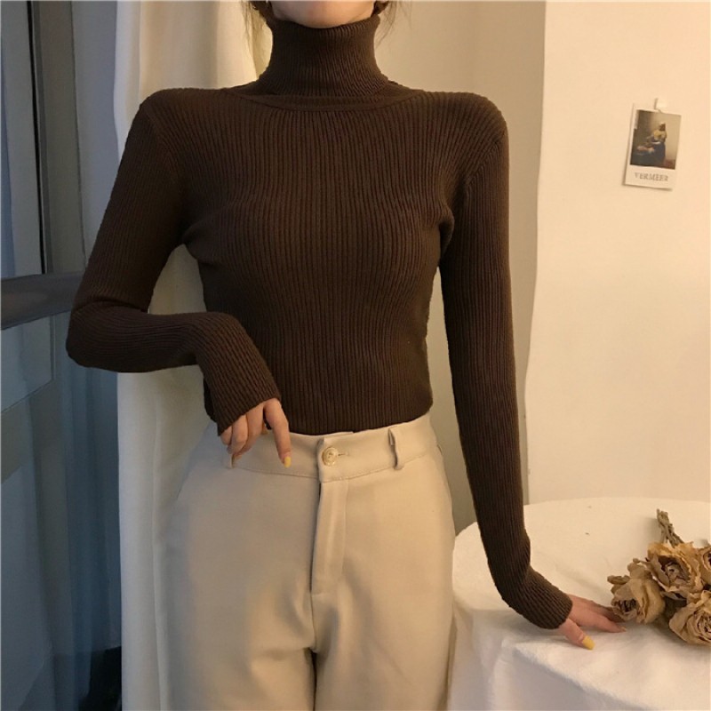 Autumn Winter Women Casual Solid Color Turtleneck Long Sleeve Knitted Sweater