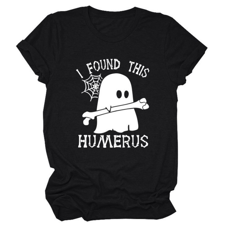 Women Cartoon Fun Letter Ghost Print Round Neck Short Sleeve T-Shirt