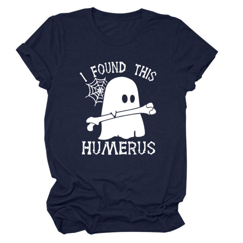 Women Cartoon Fun Letter Ghost Print Round Neck Short Sleeve T-Shirt