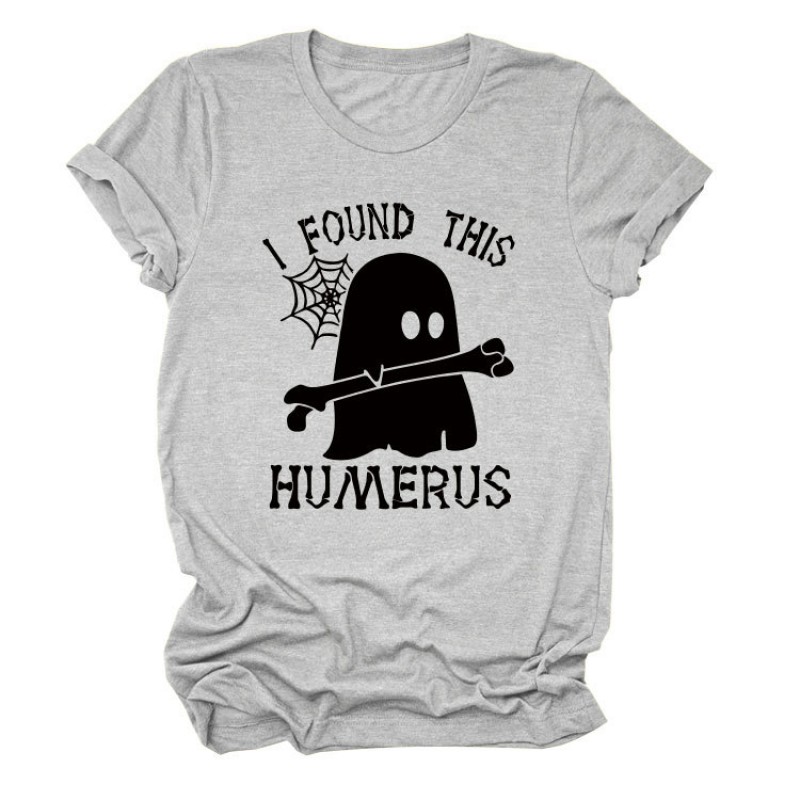 Women Cartoon Fun Letter Ghost Print Round Neck Short Sleeve T-Shirt