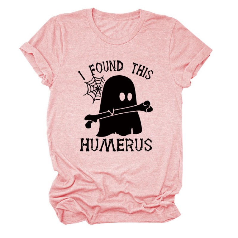 Women Cartoon Fun Letter Ghost Print Round Neck Short Sleeve T-Shirt