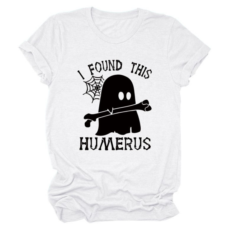 Women Cartoon Fun Letter Ghost Print Round Neck Short Sleeve T-Shirt