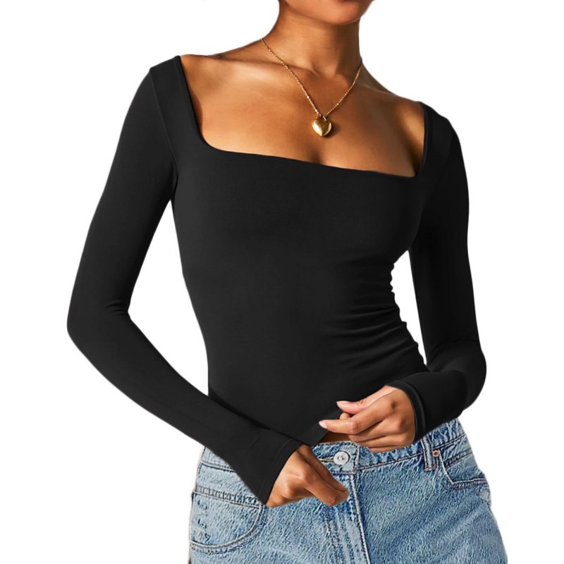 Women Long-Sleeved Solid Color Slim-Fit Square Collar Basic T-Shirt Top