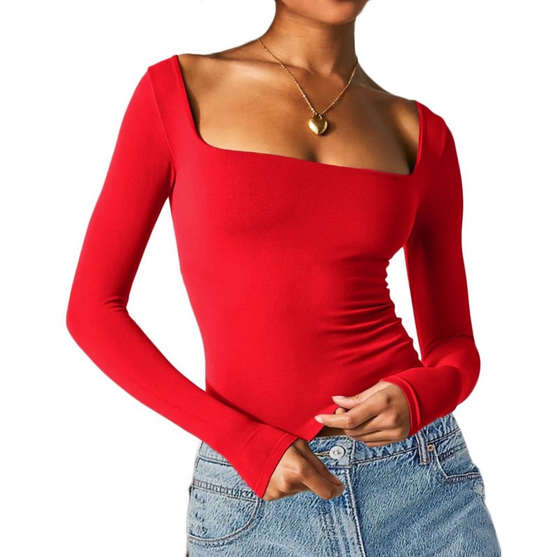 Women Long-Sleeved Solid Color Slim-Fit Square Collar Basic T-Shirt Top