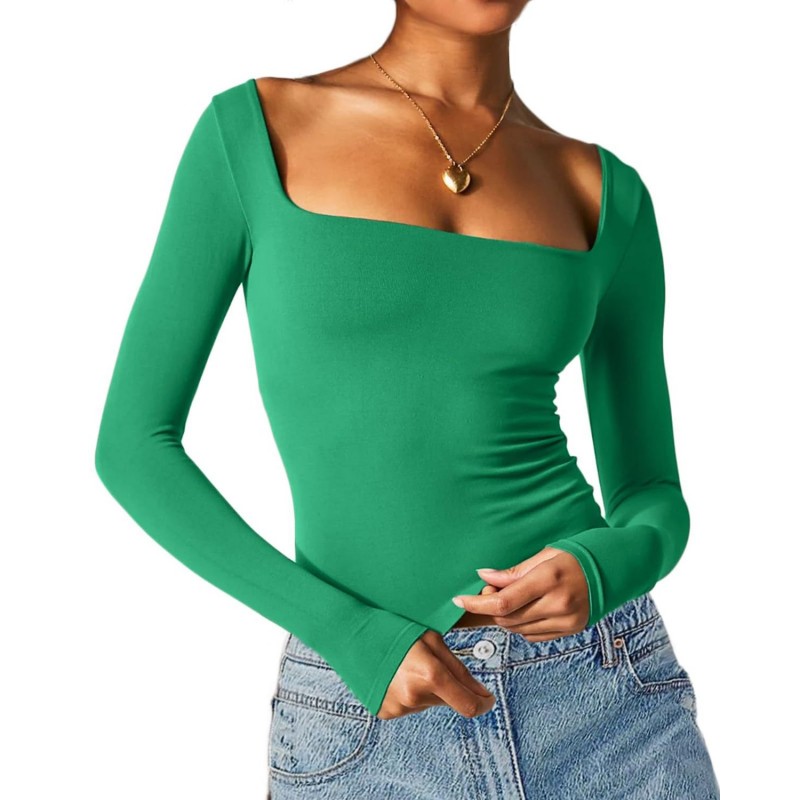 Women Long-Sleeved Solid Color Slim-Fit Square Collar Basic T-Shirt Top