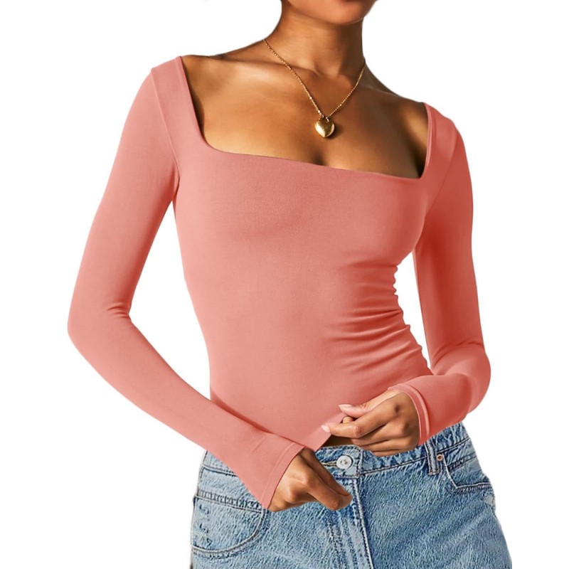 Women Long-Sleeved Solid Color Slim-Fit Square Collar Basic T-Shirt Top