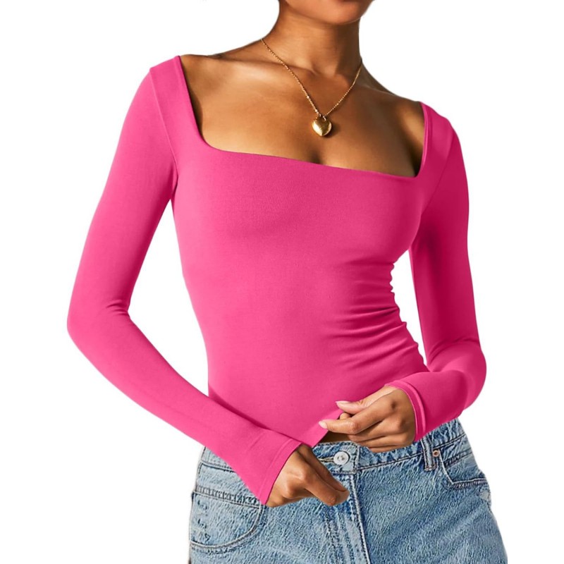 Women Long-Sleeved Solid Color Slim-Fit Square Collar Basic T-Shirt Top