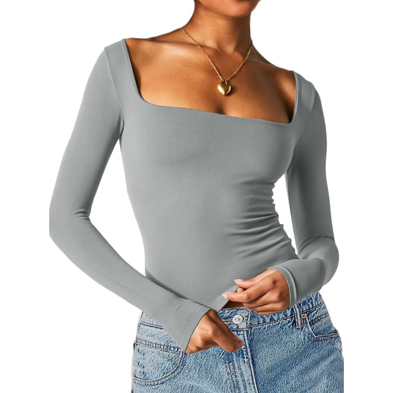 Women Long-Sleeved Solid Color Slim-Fit Square Collar Basic T-Shirt Top